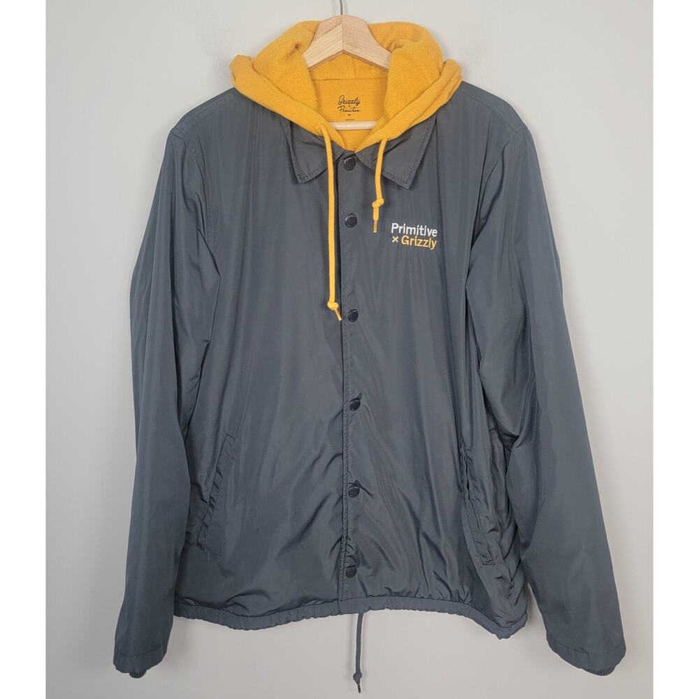 Primitive x Grizzly Mens M Hooded Coach Jacket Gray Yellow Bear Logo